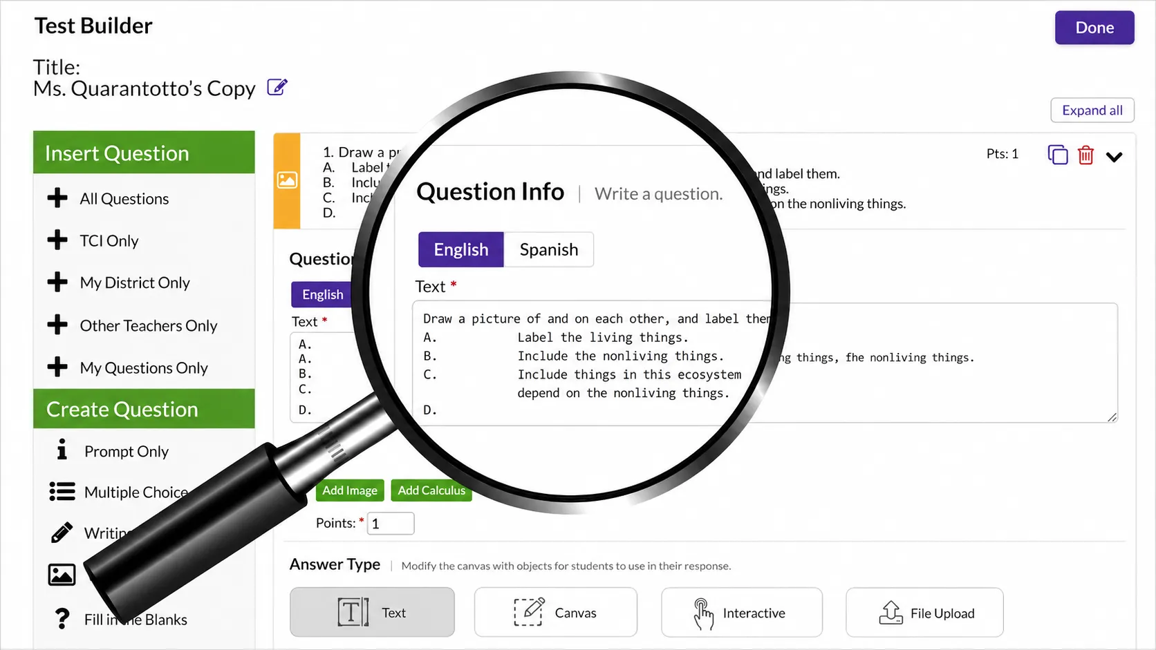 A magnifying glass over a digital test builder screen, highlighting a text box labeled Question Info..