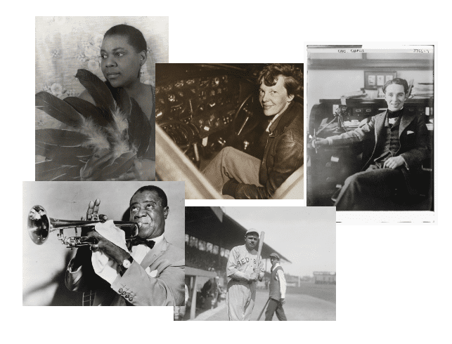 Collage of five vintage photos showing a singer, aviator, baseball player, trumpet player, and a person in a suit.