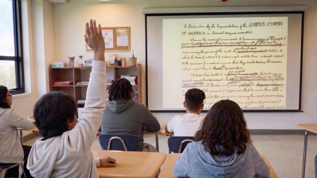 A student raises their hand in a classroom while others face a screen showing a historical document.