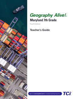 Aerial view of a shipping port with colorful containers next to the cover text for a 7th grade geography teachers guide.