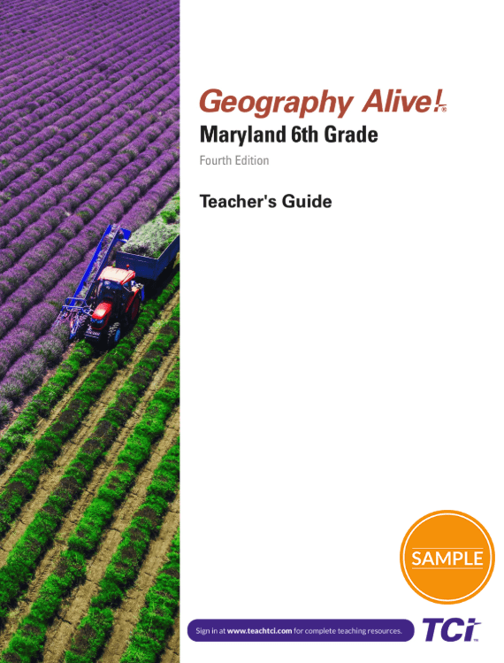 A tractor drives through purple and green crop rows on the cover of a Maryland 6th Grade Geography Teachers Guide.