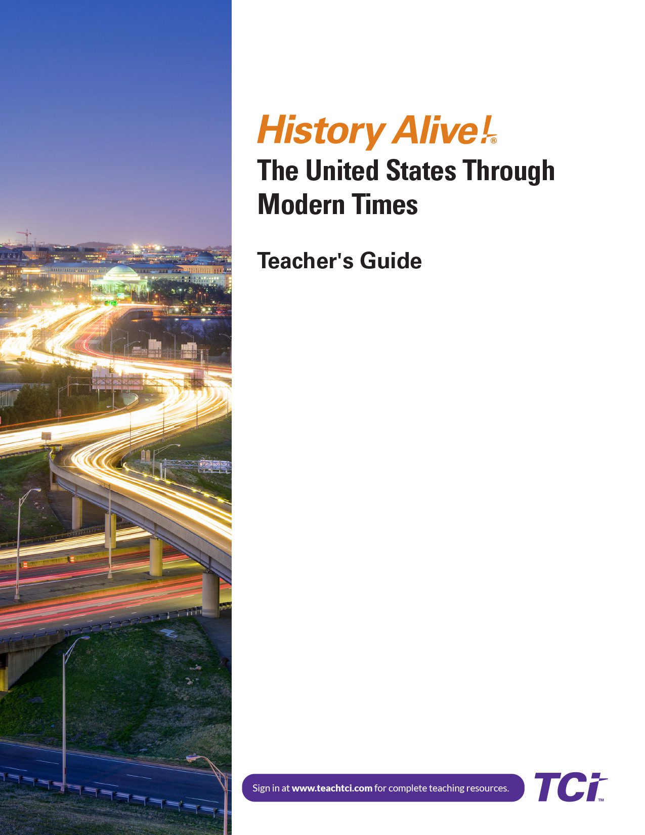 Teachers guide cover with city lights, highways, and text: History Alive! The United States Through Modern Times..