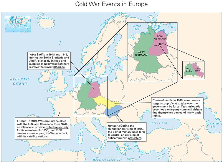 Map of Europe highlighting Cold War events in Berlin, Germany, Czechoslovakia, and Hungary with text boxes.