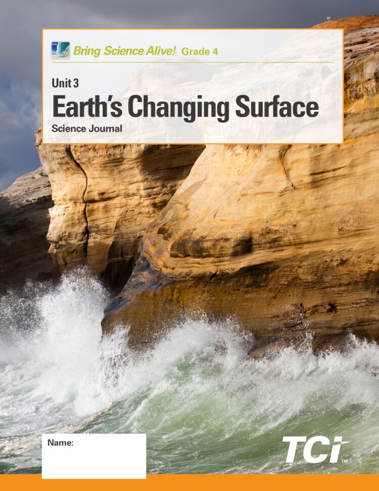 Waves crash against rocky cliffs under the title Earths Changing Surface on a science journal cover.
