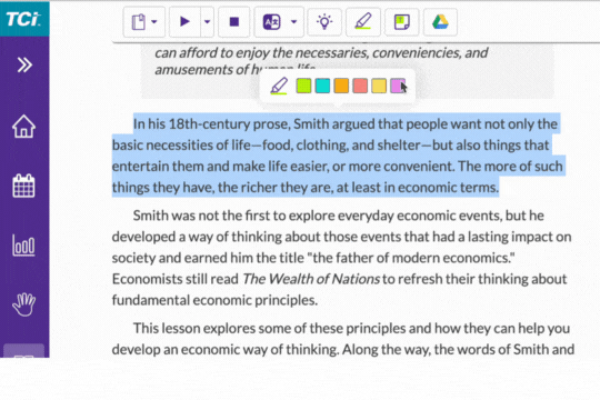 Digital textbook page with a highlighted paragraph about Adam Smith and his economic theories.