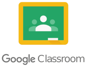 Google Classroom logo with three figures inside a green chalkboard framed by a yellow border.