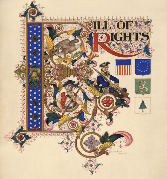 Ornate illustration of the Bill of Rights with patriotic symbols, soldiers, flags, a bald eagle, and decorative patterns.