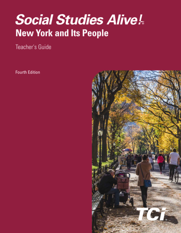 Social Studies Alive! New York and Its People Teachers Guide, Fourth Edition, featuring a tree-lined park path.