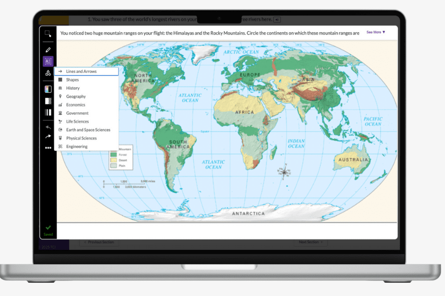 A laptop screen shows a world map on an educational app with a question about the Himalayas and Rocky Mountains.