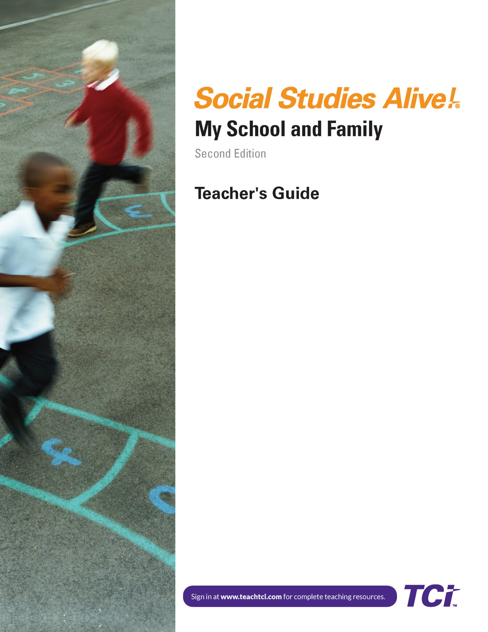 Two children run across a playground with a hopscotch pattern, cover of a Social Studies teachers guide.
