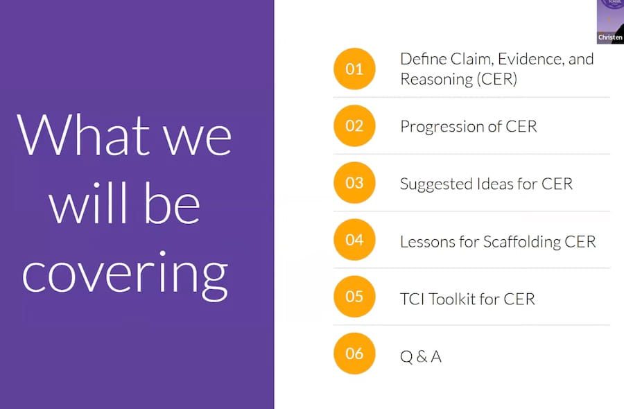 An agenda listing six topics: Define CER, Progression of CER, Suggested Ideas, Scaffolding, TCI Toolkit, and Q&A.