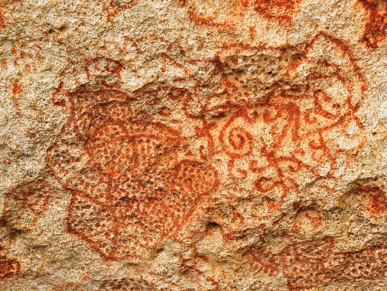 Red prehistoric cave paintings with abstract shapes and patterns on a textured, rough stone surface.