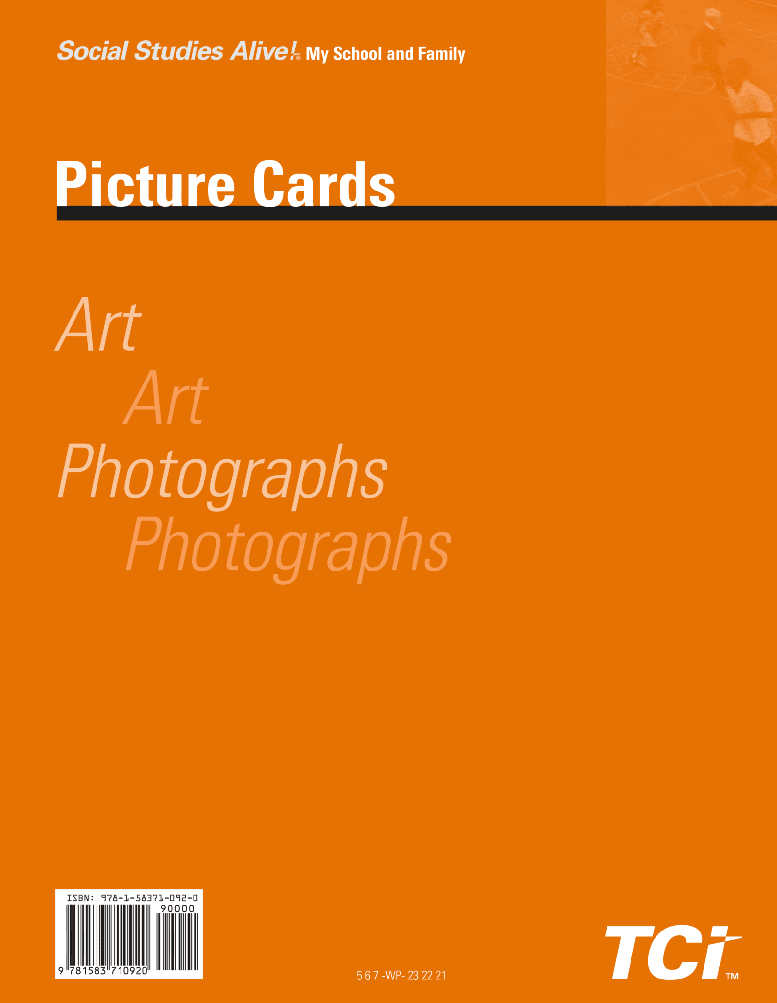Orange cover with white and blue text that reads Picture Cards, and the words Art and Photographs in different fonts.