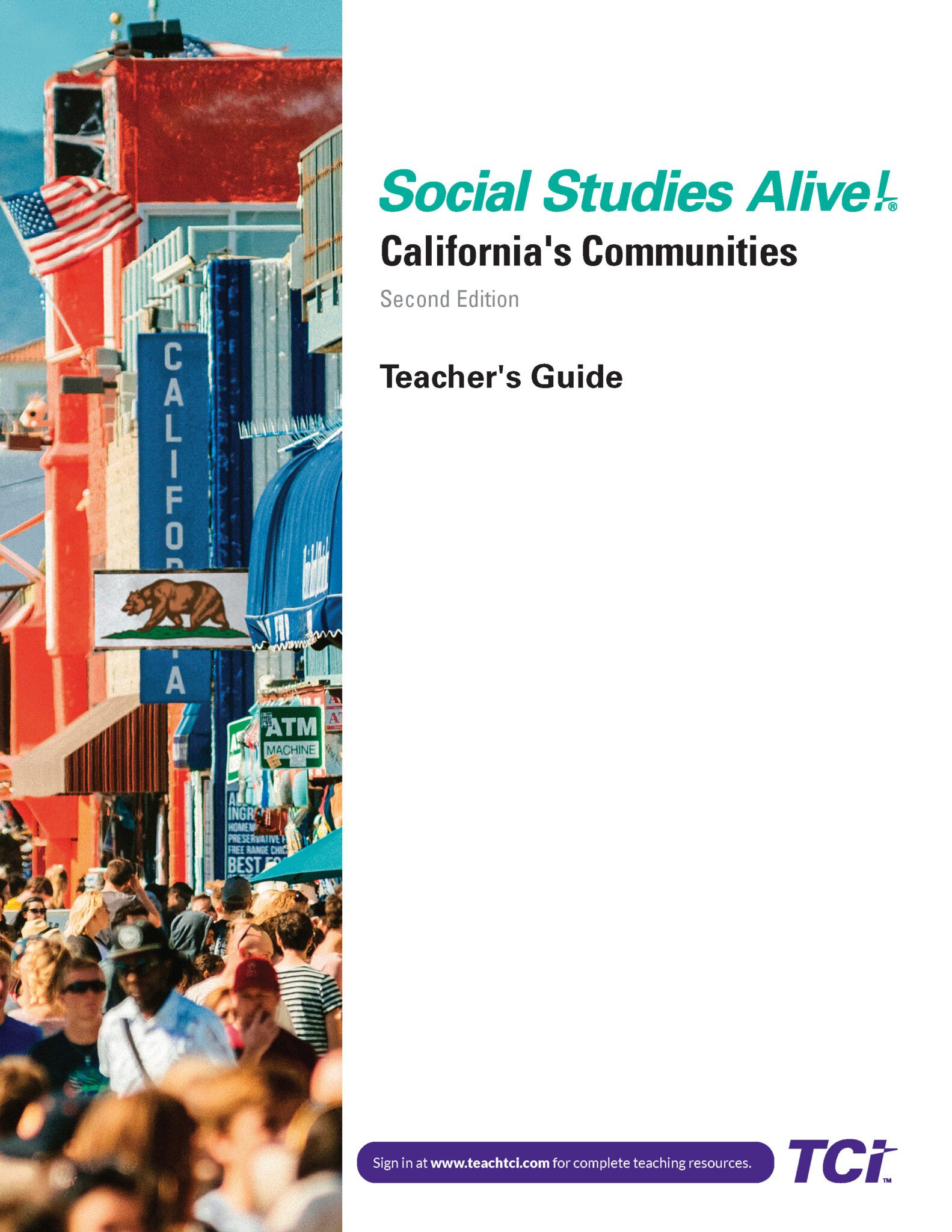 Crowd walking in a colorful city with palm trees, shops, and California signage; Social Studies Alive! book cover.