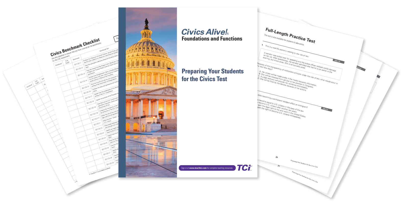 A civics test prep booklet titled Civics Alive! with practice test and checklist pages spread around it.