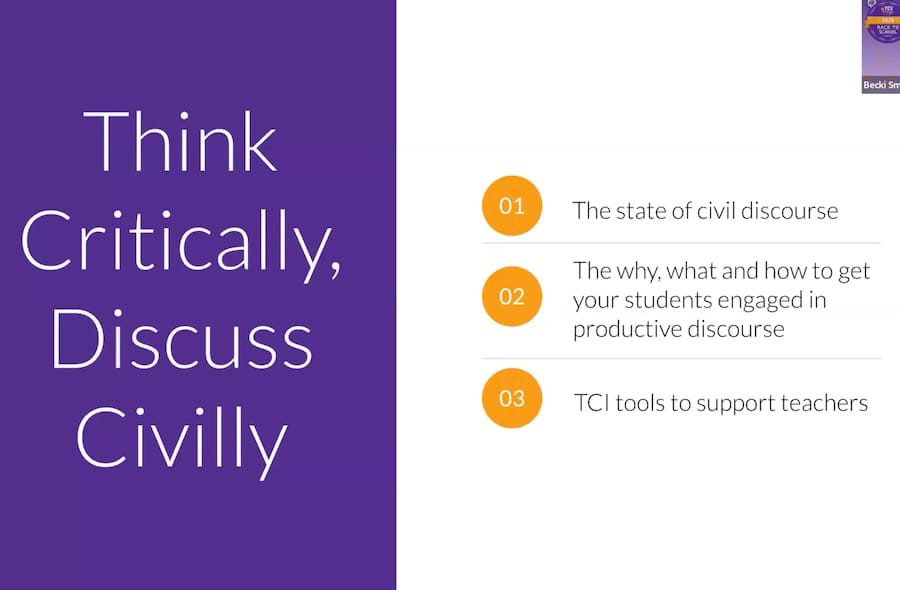 Infographic titled Think Critically, Discuss Civilly listing three educational topics regarding productive discourse.