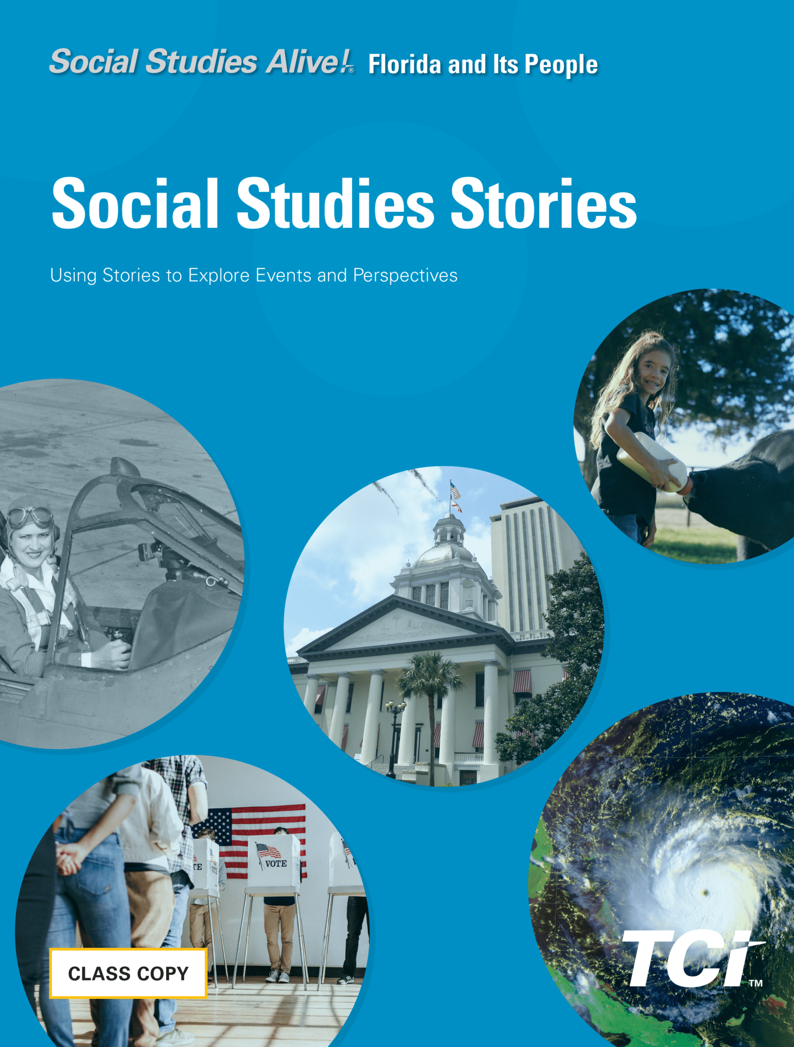 Book cover with blue background, photos of voting, a girl with a horse, the Florida capitol, and a hurricane.