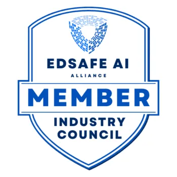 Blue and white badge reads: EDSAFE AI Alliance Member Industry Council with a shield and mosaic-style icon above.