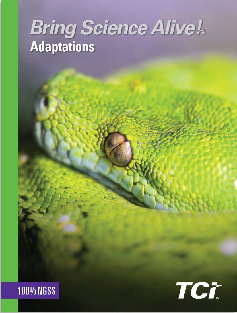 Close-up of a green snakes head on a Bring Science Alive! Adaptations book cover by TCI.