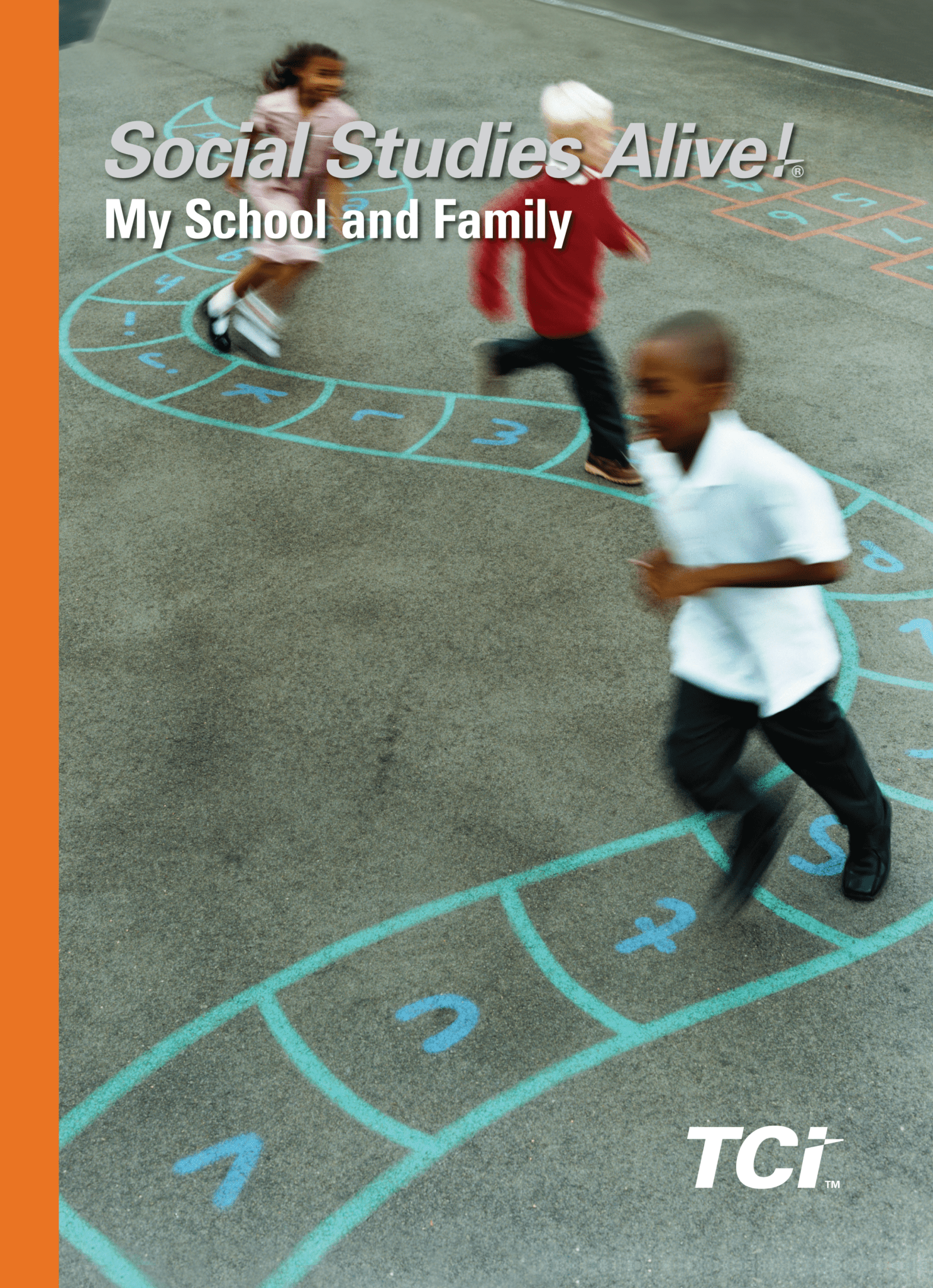 Three children run on a playground, playing a game on colorful, curved shapes drawn with chalk on the ground.