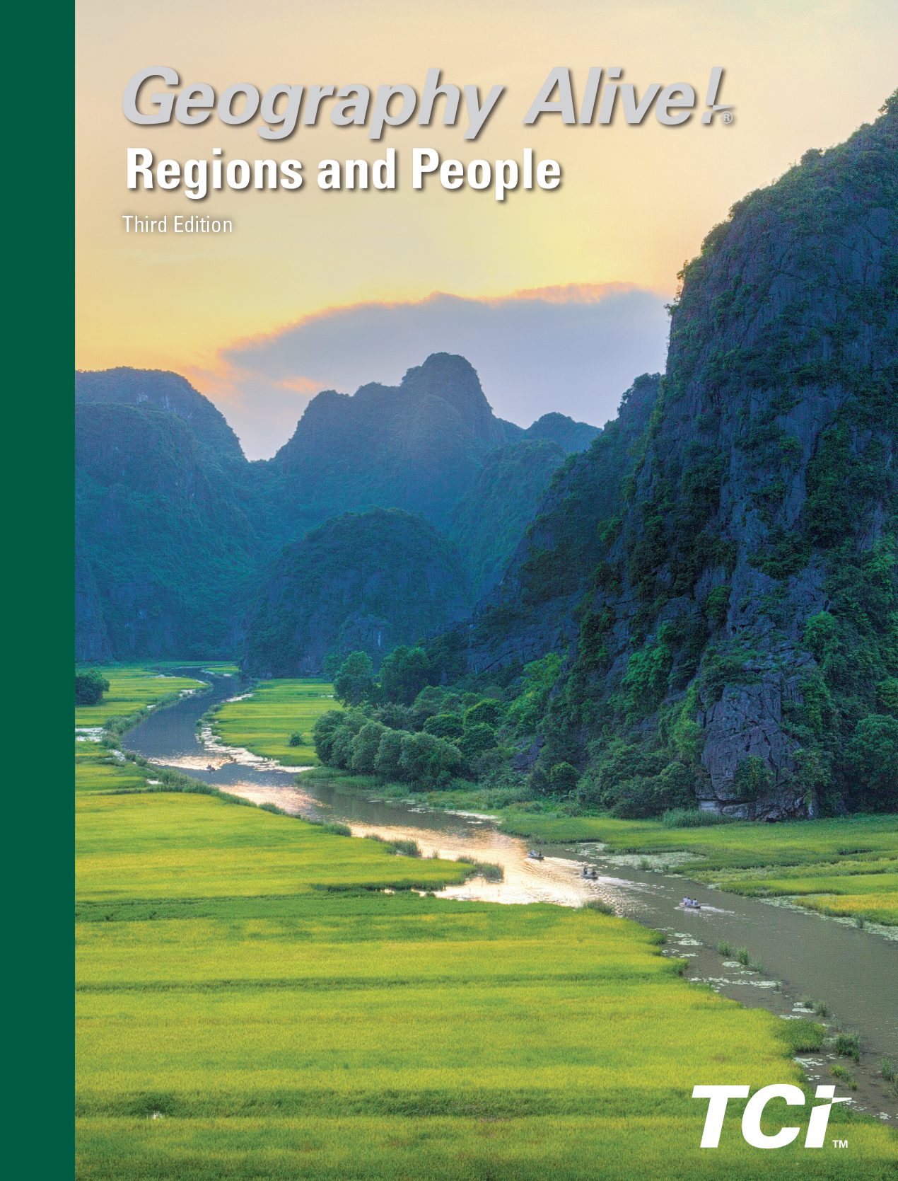 A river winds through green fields and tall mountains at sunset; Geography Alive! textbook cover is shown.