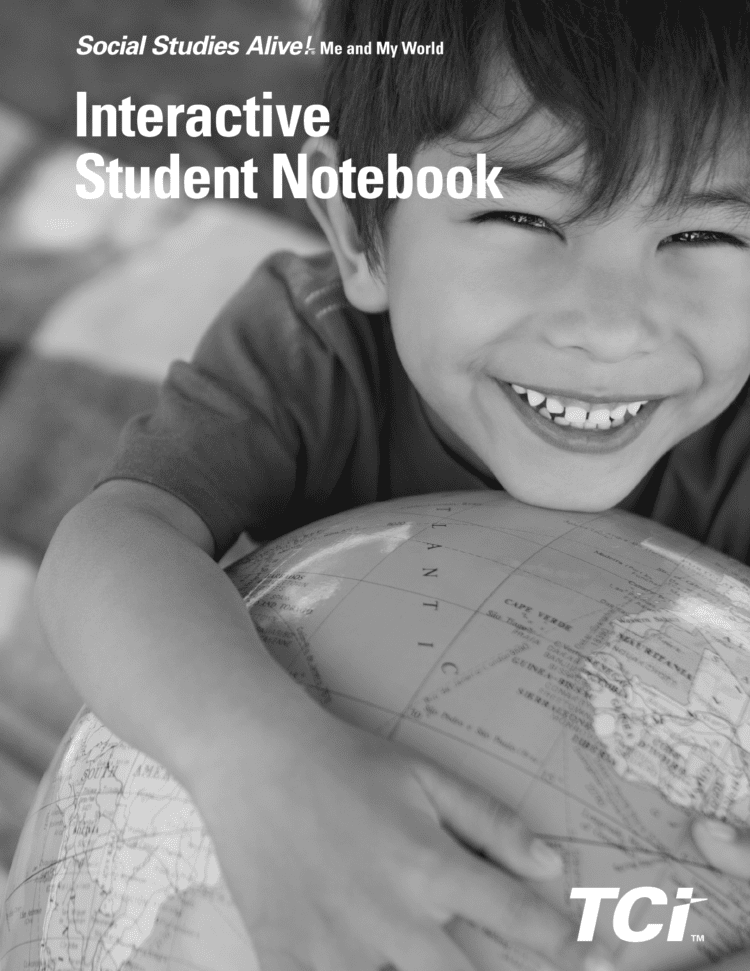 Smiling child holding a globe, with the text Interactive Student Notebook and TCI on the image.