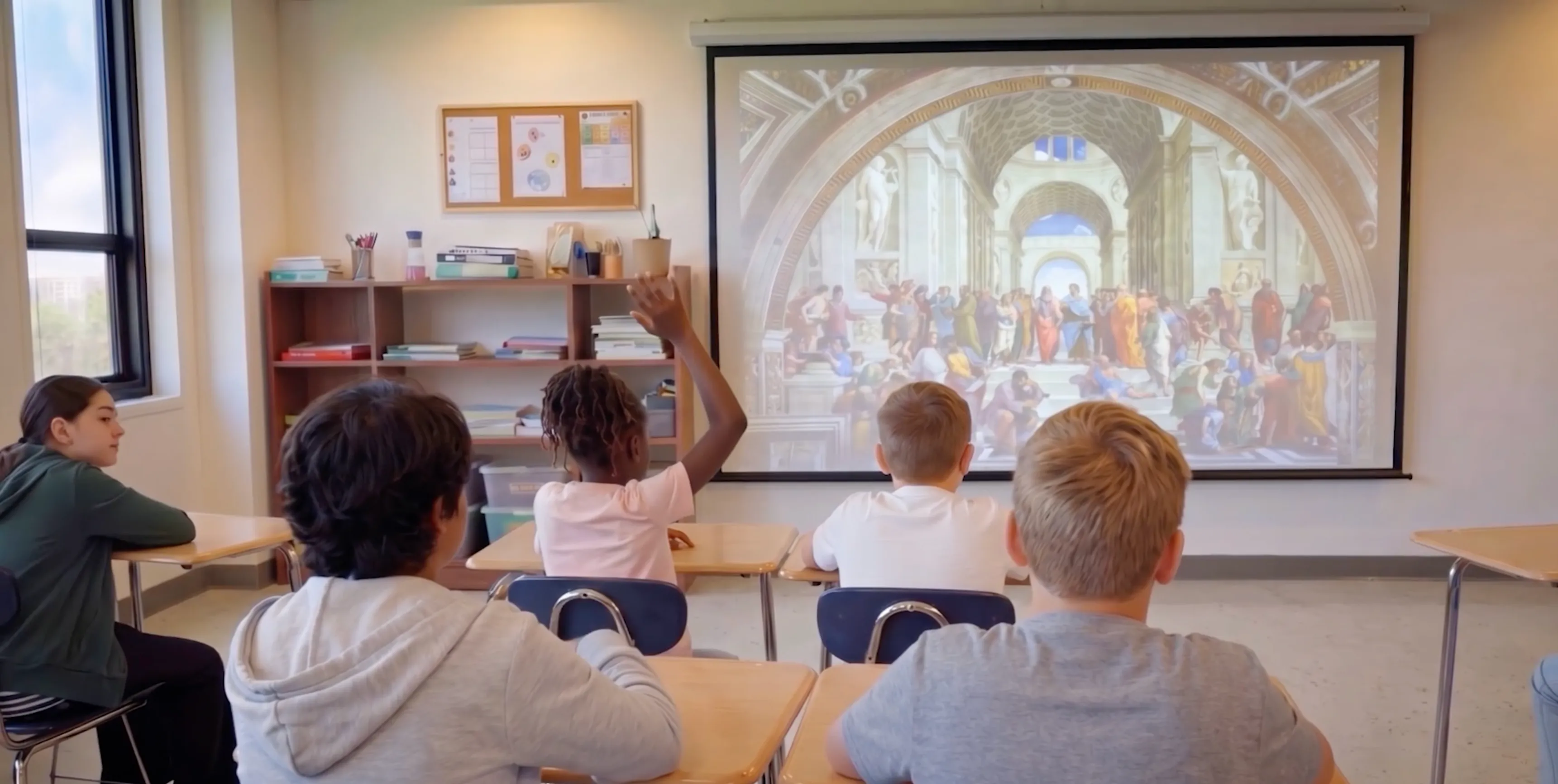 Students in a classroom watch a projected image of a classical painting; one student raises their hand.