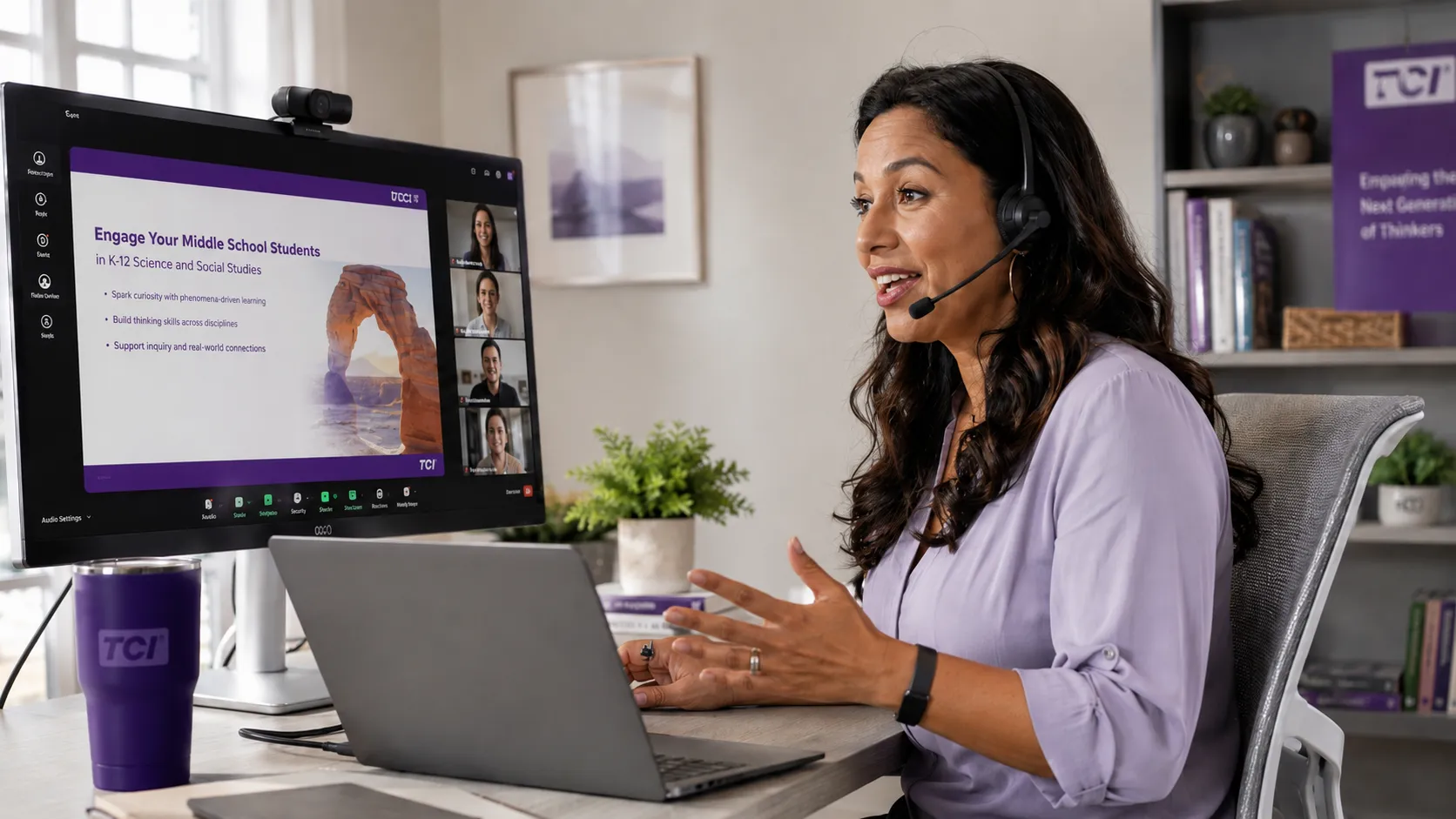 Woman teaching online class at desk with headset, gesturing toward screen with presentation and video call participants.