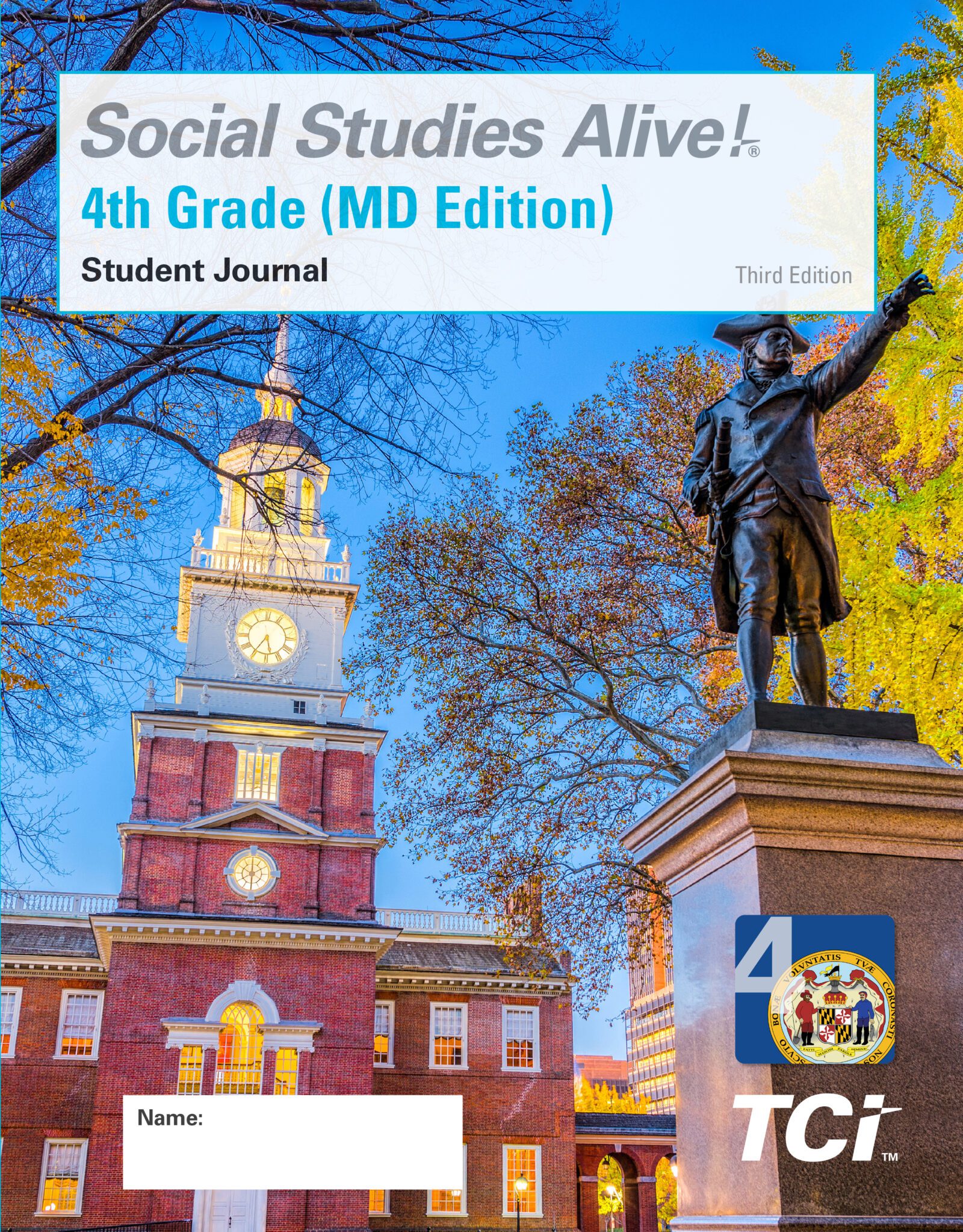 A statue and large brick building with a clock tower, trees, and a blue sky on a 4th grade Social Studies journal cover.