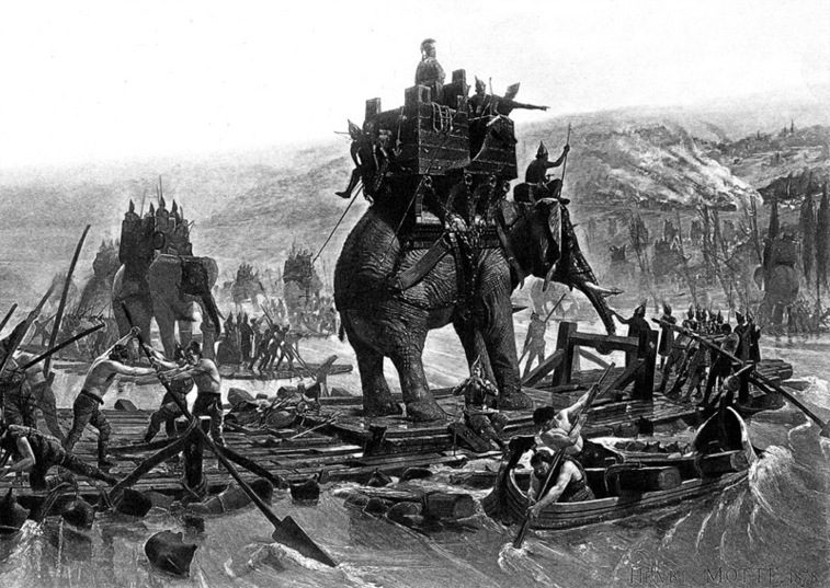 War elephants cross a river on rafts, escorted by soldiers, with distant battles and burning buildings in the background.