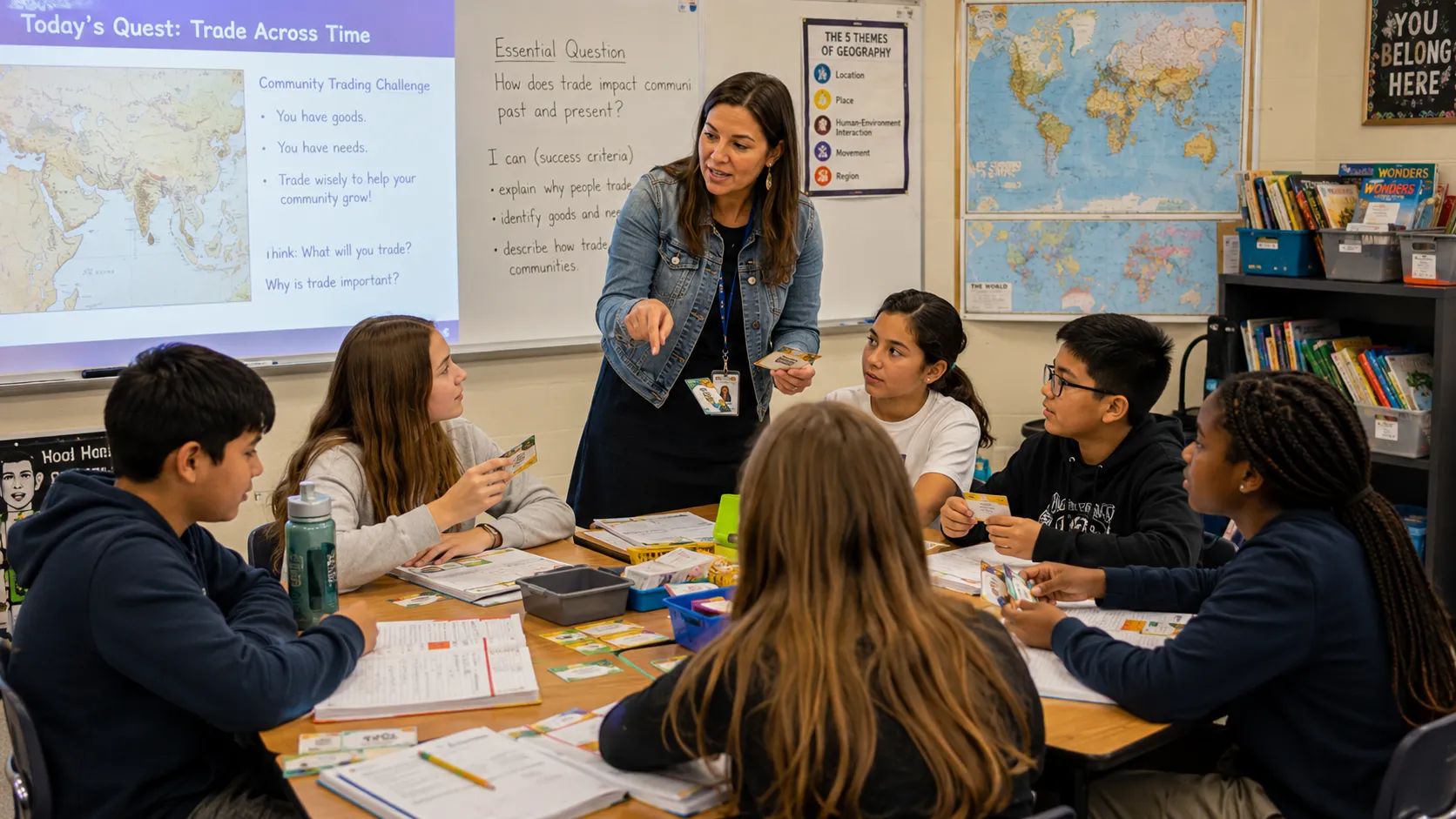 A teacher leads a group of students in a classroom discussion about trade, with maps and notes on the walls.