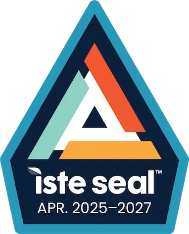 A badge with iste seal APR. 2025-2027 and a colorful geometric triangle above the text.
