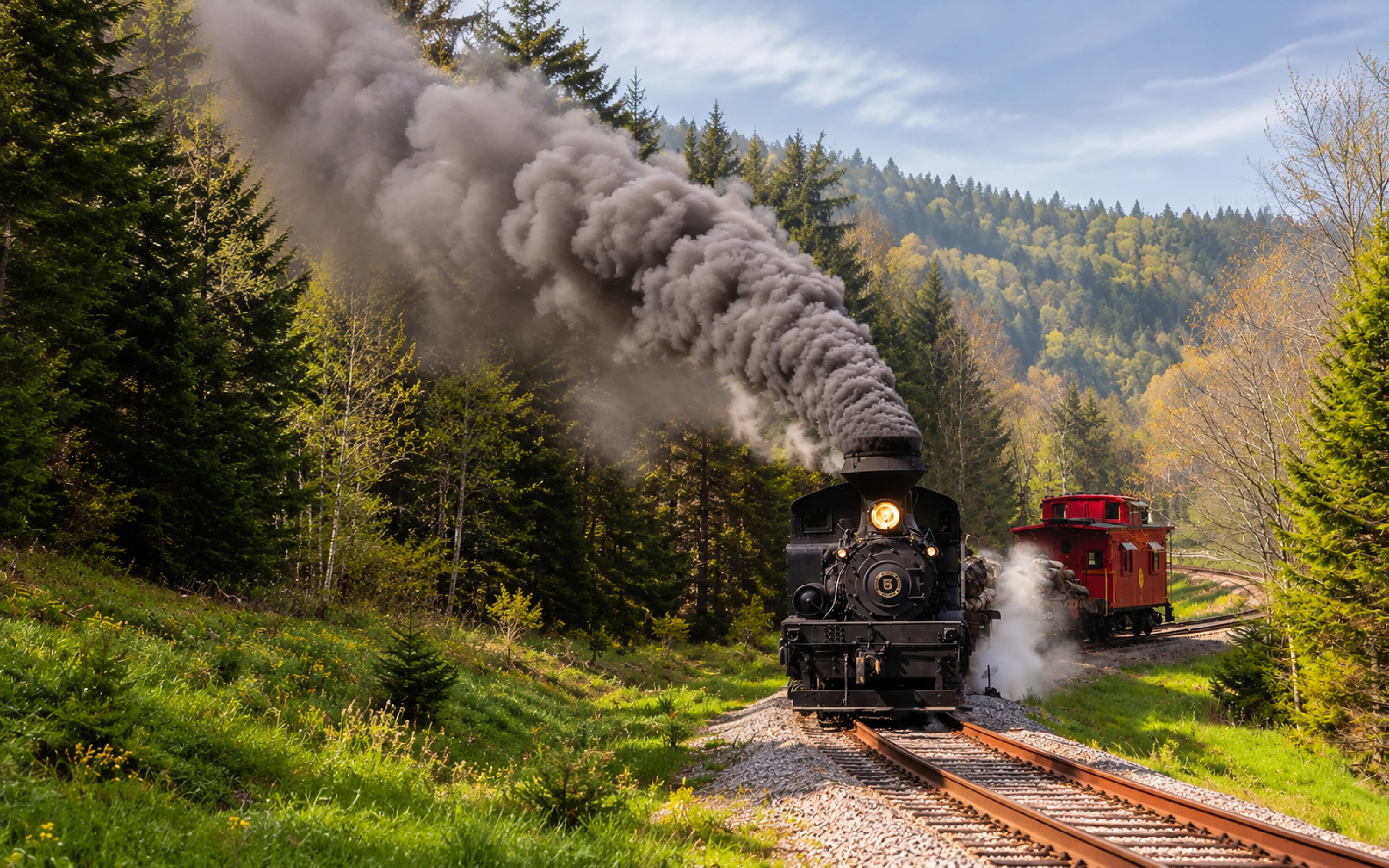 A black steam train with billowing smoke moves through a forest; a red caboose is visible in the background.