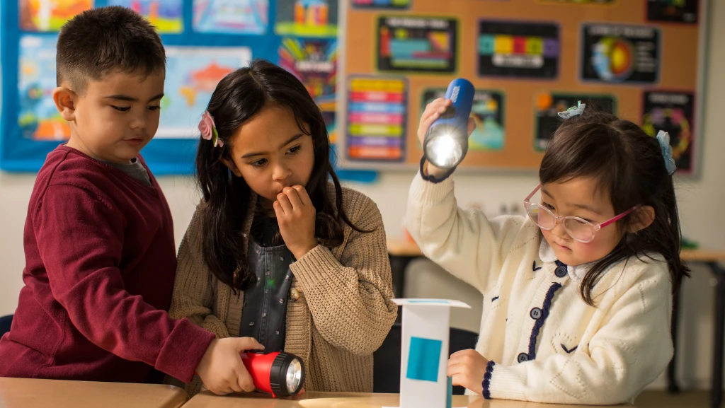 Three young children shine flashlights on a paper model in a colorful classroom, exploring light and shadows together.