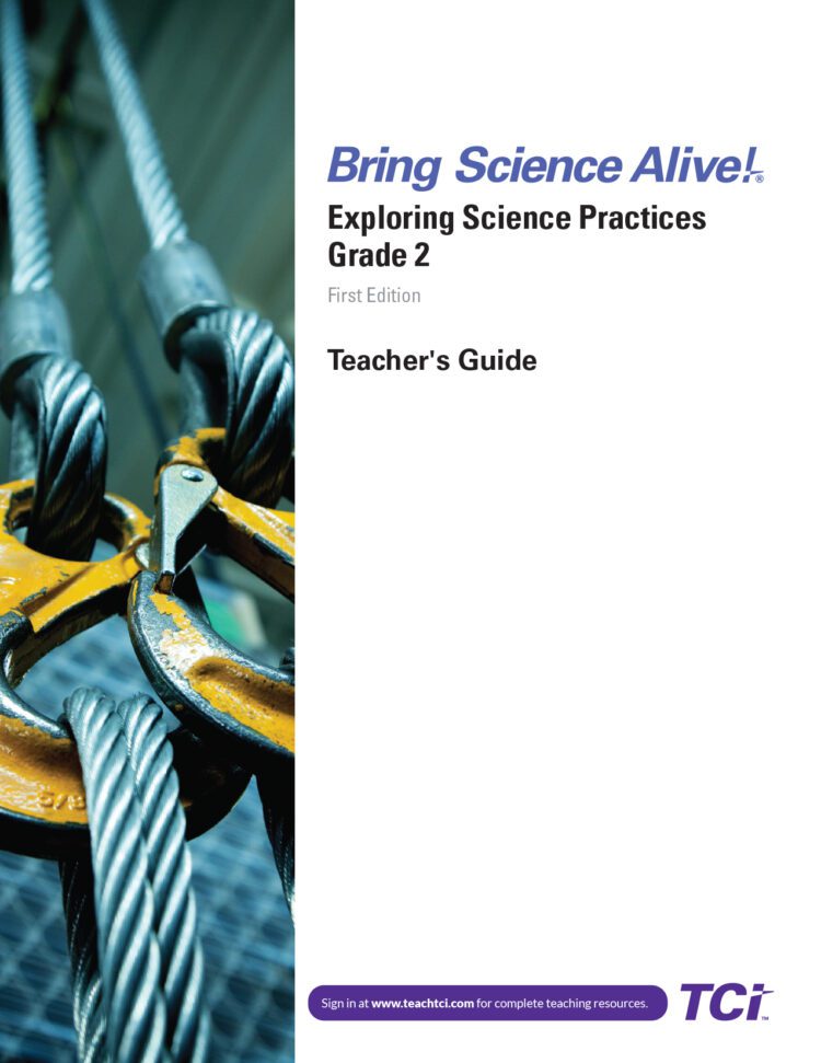Close-up of metal cables with yellow clamps; cover of a Grade 2 science teachers guide titled Bring Science Alive!.