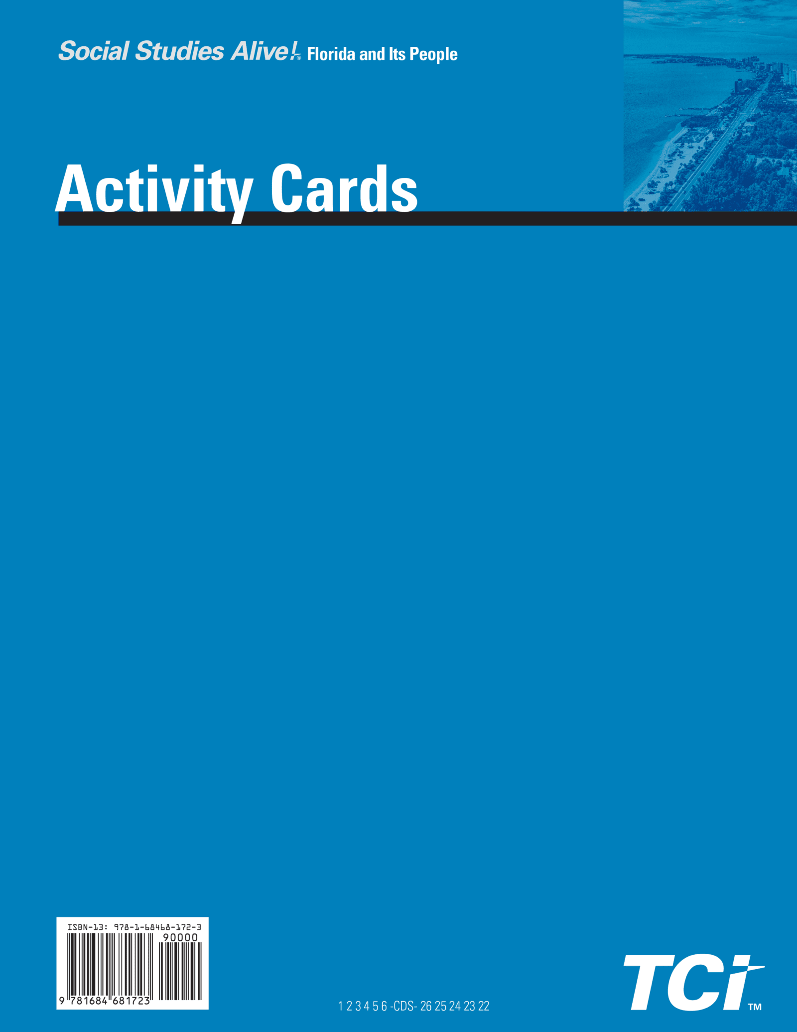 Blue cover of Activity Cards for Social Studies Alive! Florida and Its People with a barcode and TCI logo.