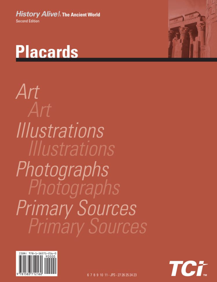Red book cover titled Placards, with repeated text: Art, Illustrations, Photographs, Primary Sources, and ancient ruins.