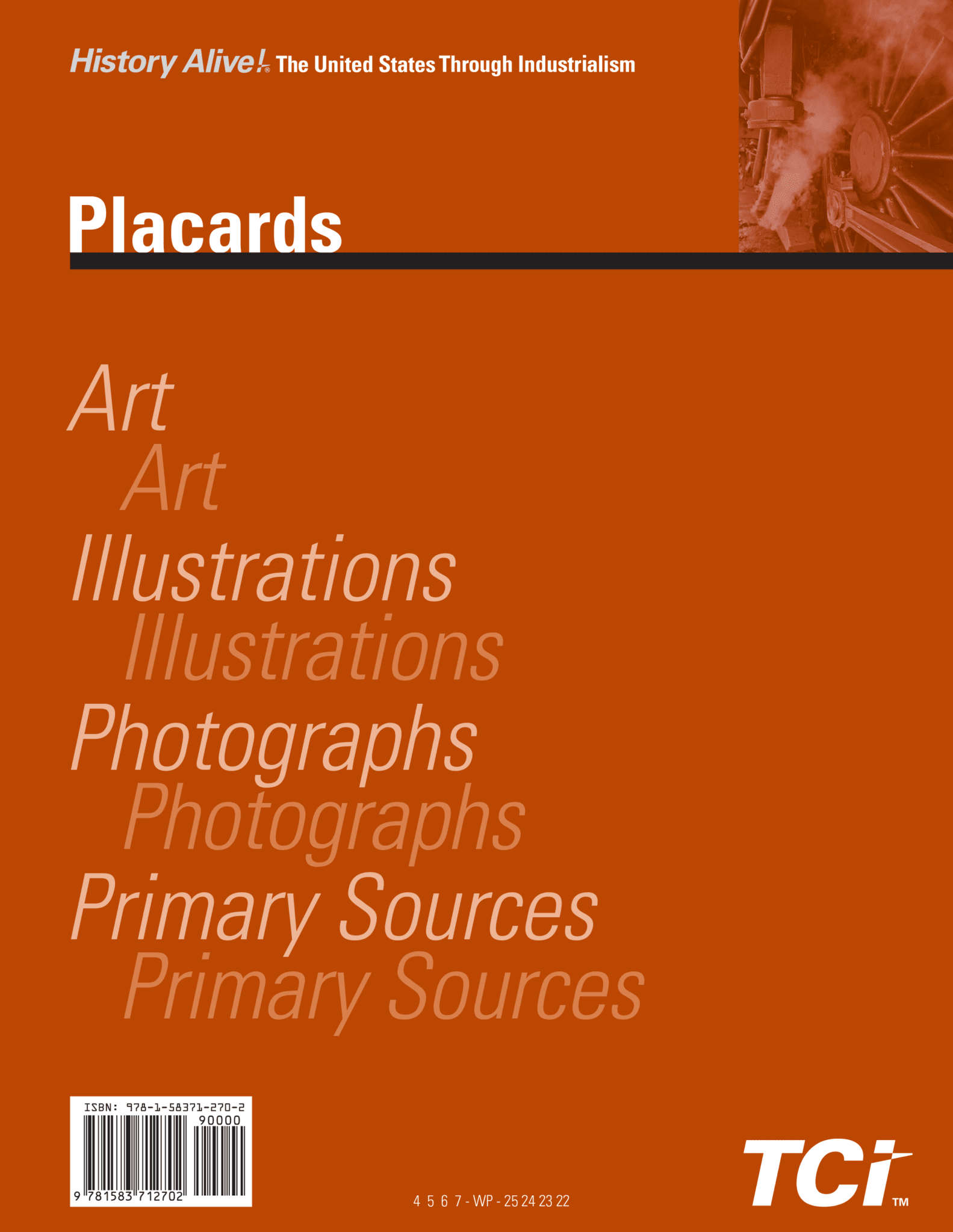 Orange cover with Placards and sections labeled Art, Illustrations, Photographs, and Primary Sources in varying opacity.