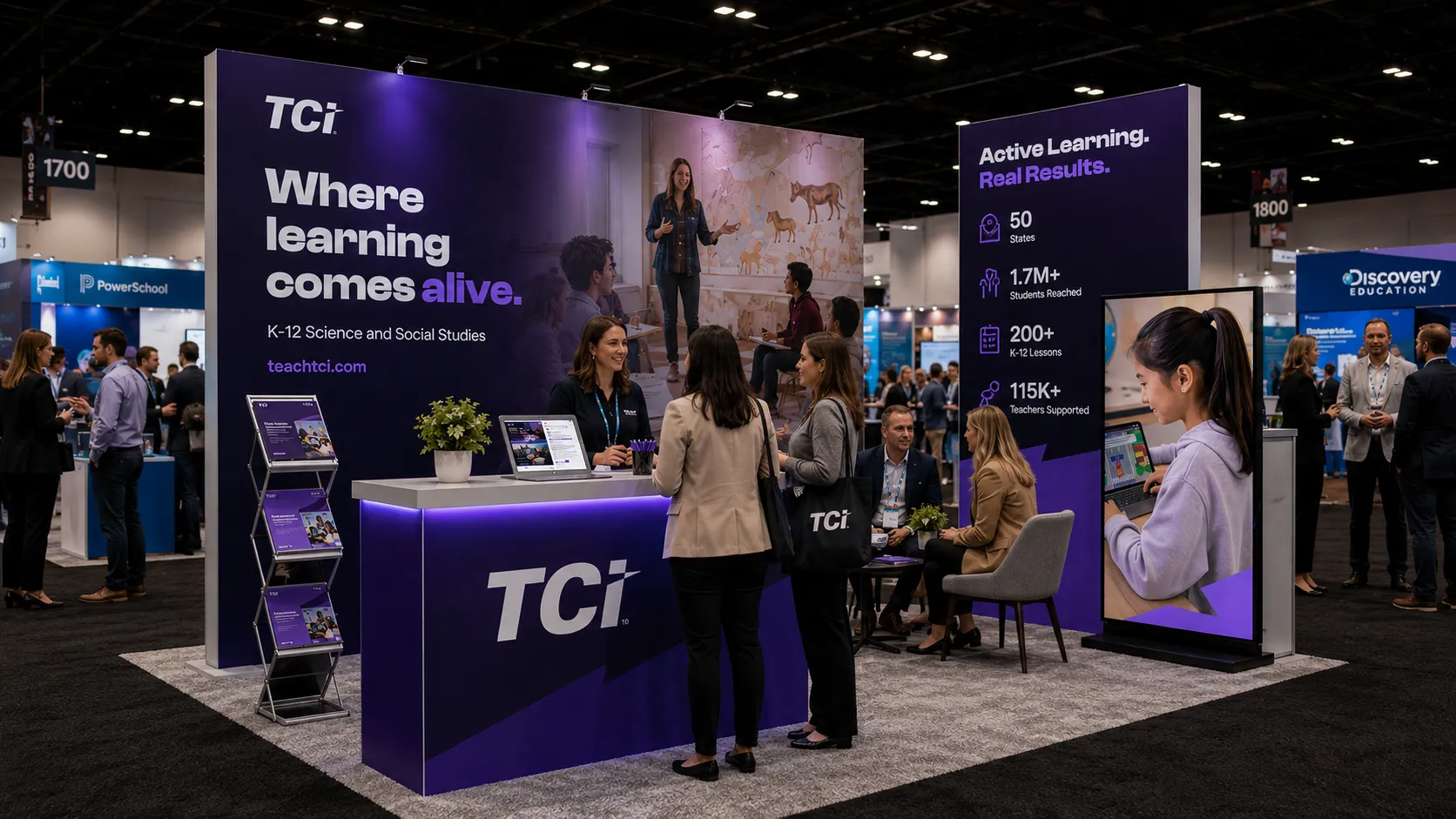 TCI booth at an education conference, with people talking and large purple displays about learning solutions.