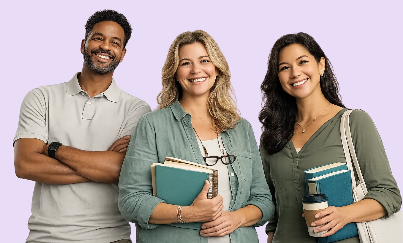 Three smiling adults holding books and coffee cups, standing together against a light purple background.