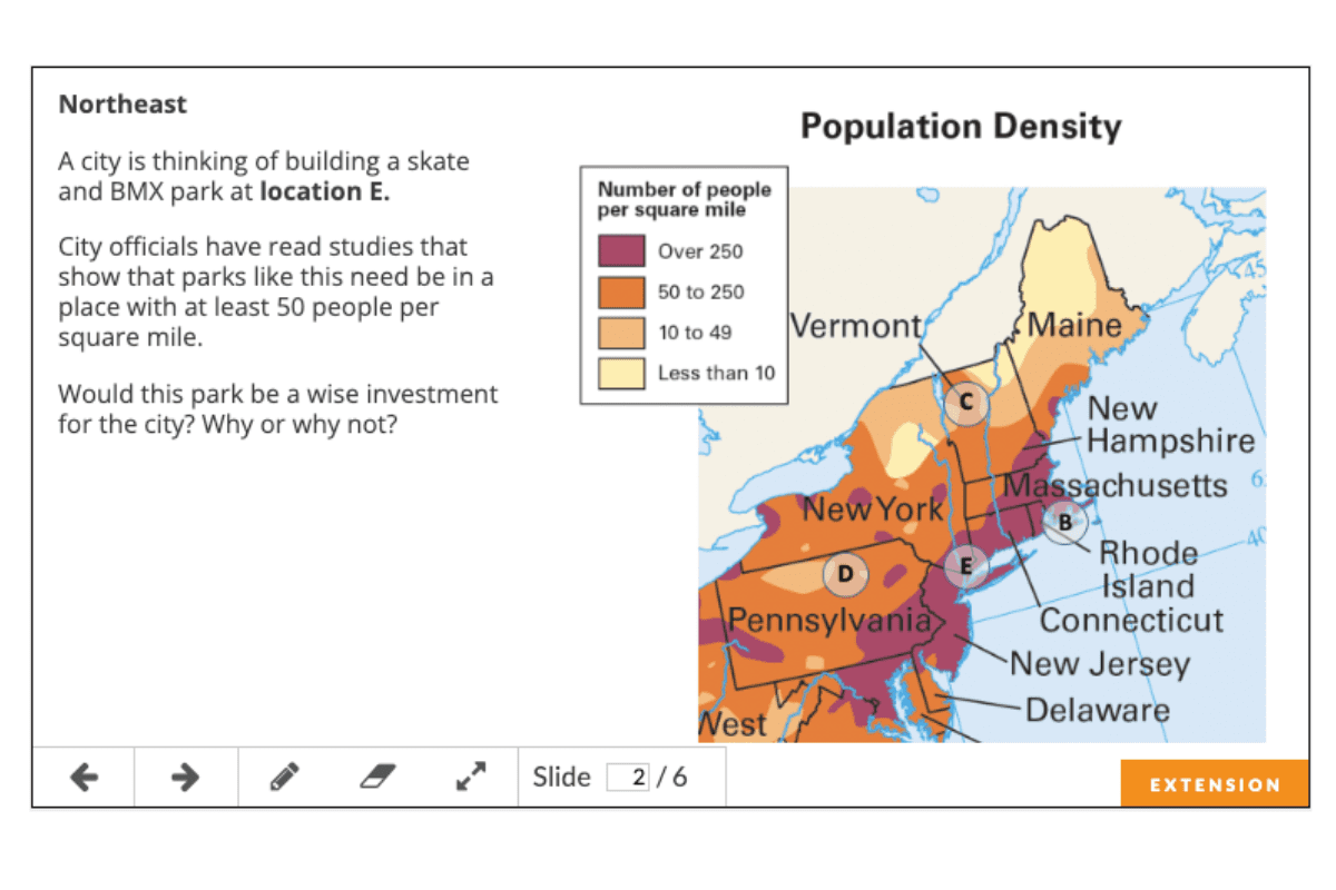 A map shows population density in the Northeast U.S. with highlighted states and labeled cities.