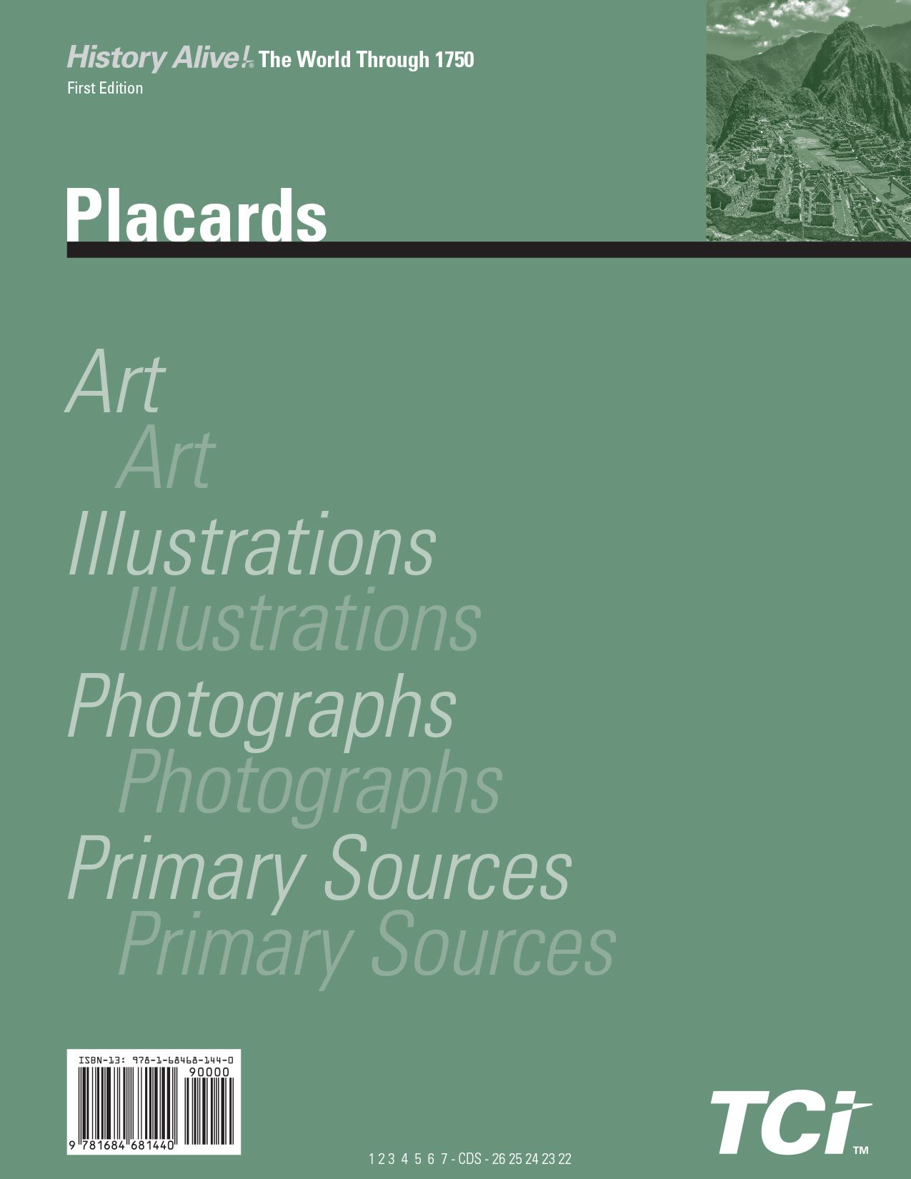 Green book cover titled Placards with repeated words: Art, Illustrations, Photographs, Primary Sources, by TCI.