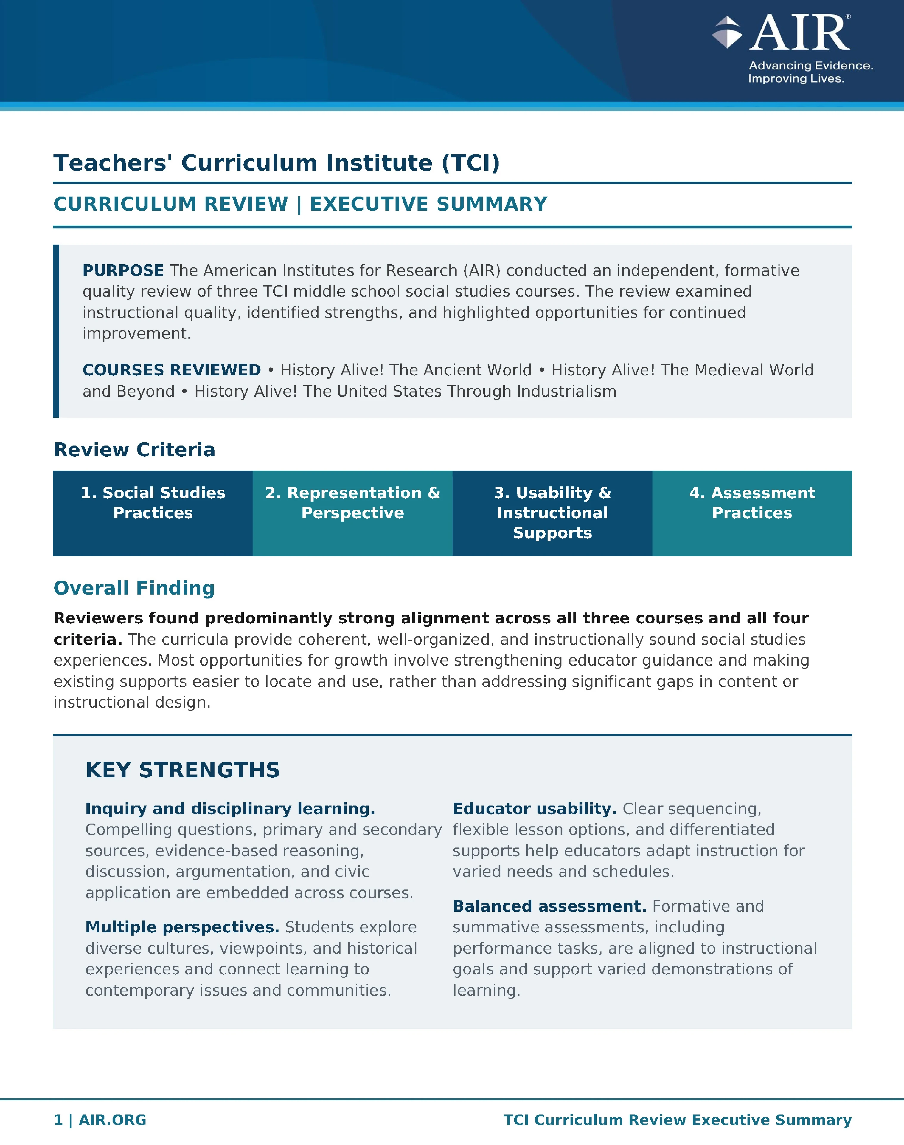 Executive summary of the American Institutes for Research curriculum review of Teachers Curriculum Institute courses.