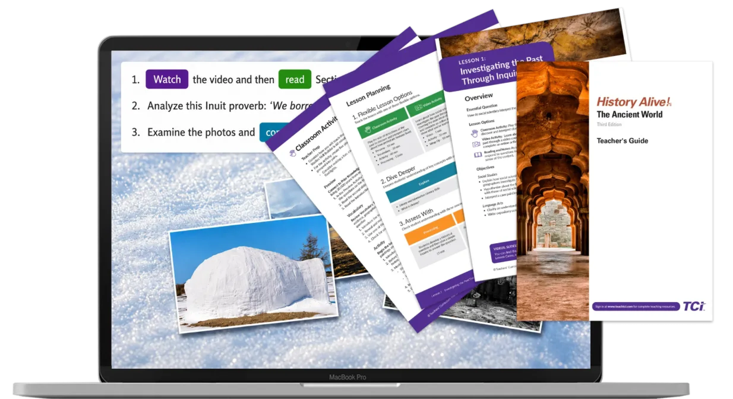 A laptop displays educational materials with worksheets, a teachers guide, and an image of an igloo.