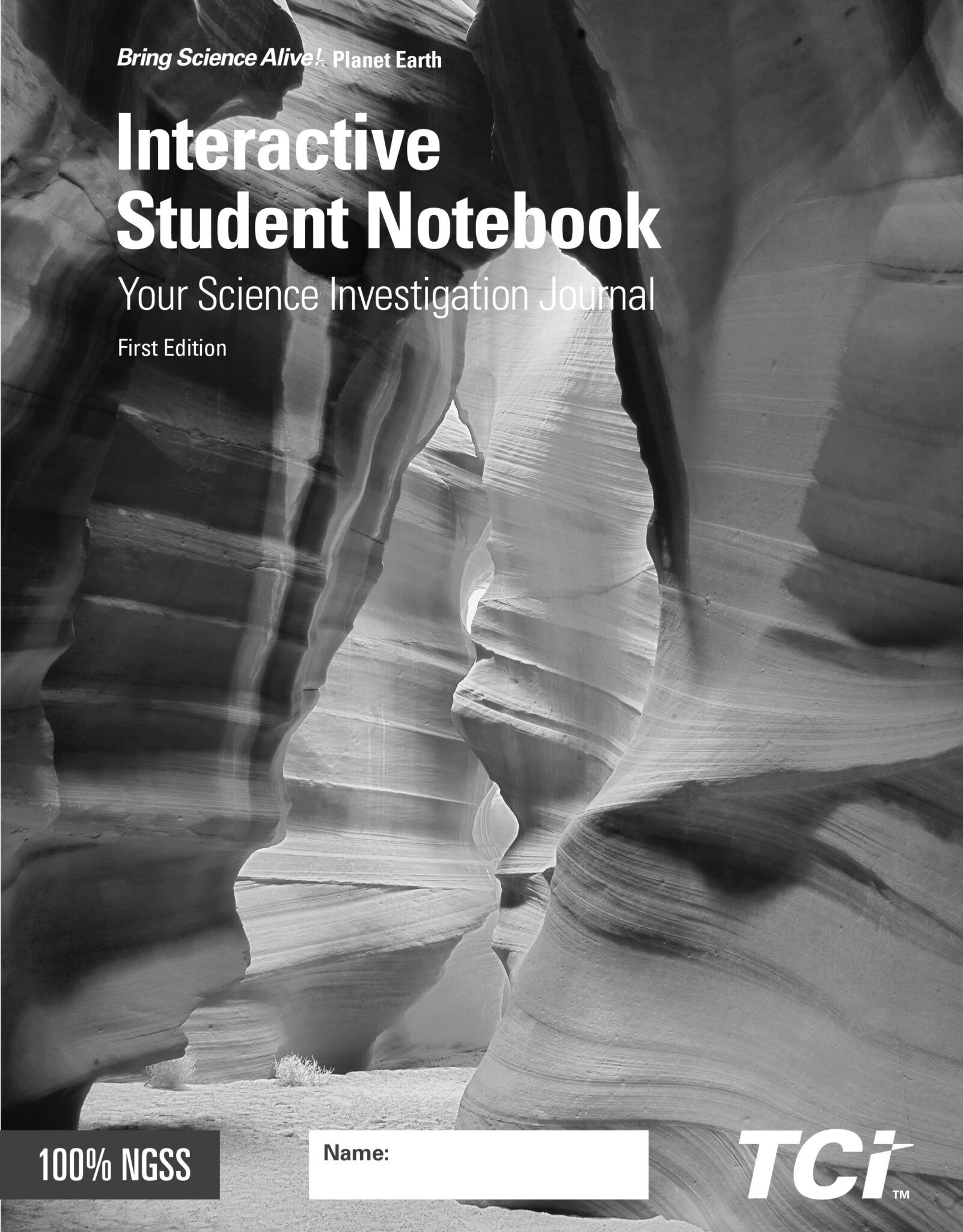 Narrow canyon with smooth, wavy rock walls on the cover of a science notebook titled Interactive Student Notebook..