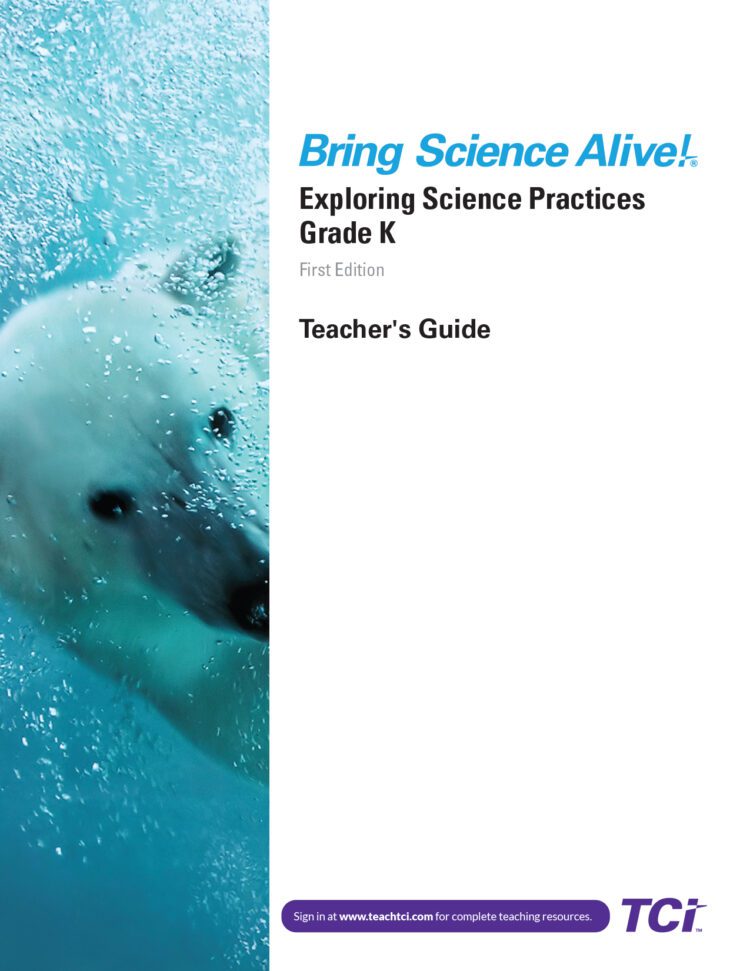 A polar bear swimming underwater, with bubbles rising; cover for a Kindergarten science teachers guide.