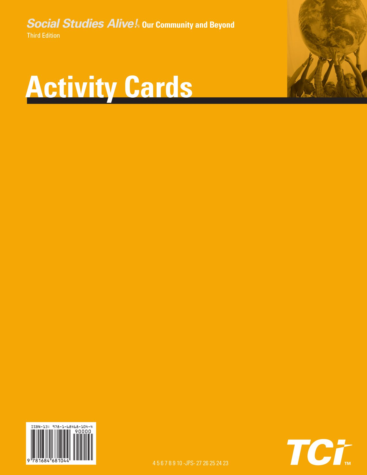 Orange cover of Social Studies Alive! Our Community and Beyond Activity Cards, third edition, with a globe image.