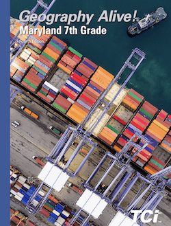 Aerial view of colorful shipping containers and cranes at a busy dock, with a ship in the water. Geography textbook cover.