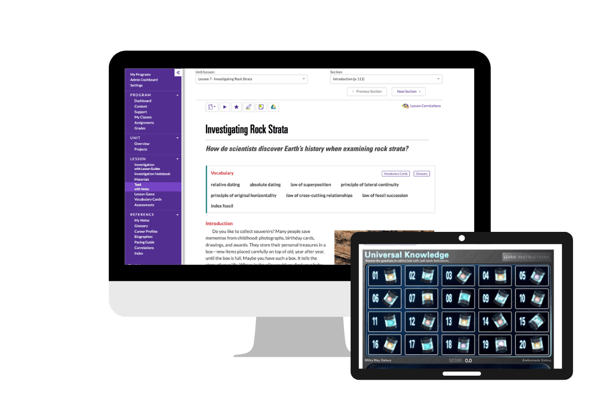 A desktop displays a geology lesson; a tablet in front shows a game called Universal Knowledge with icons on screen.
