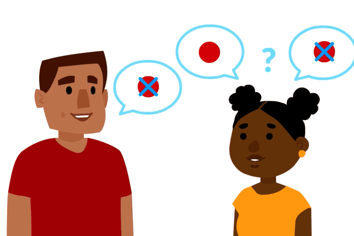 Two people talking; speech bubbles show a red dot, blue Xs, and a question mark over the girls head.